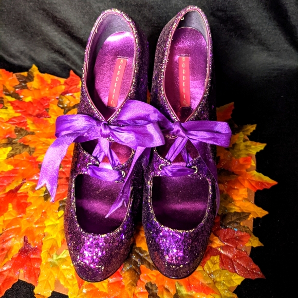 Purple Sparkle Bordellos with toe cut out ribbon detail size 9 burlesque goth - Picture 2 of 8